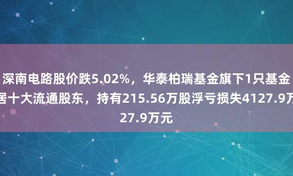 深南电路股价跌5.02%，华泰柏瑞基金旗下1只基金位居十大流通股东，持有215.56万股浮亏损失4127.9万元