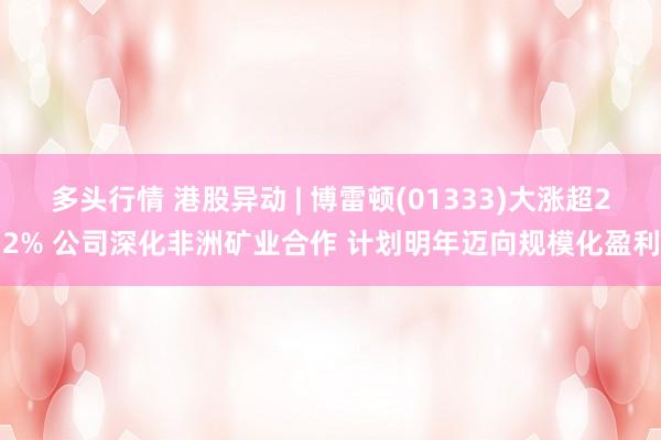 多头行情 港股异动 | 博雷顿(01333)大涨超22% 公司深化非洲矿业合作 计划明年迈向规模化盈利